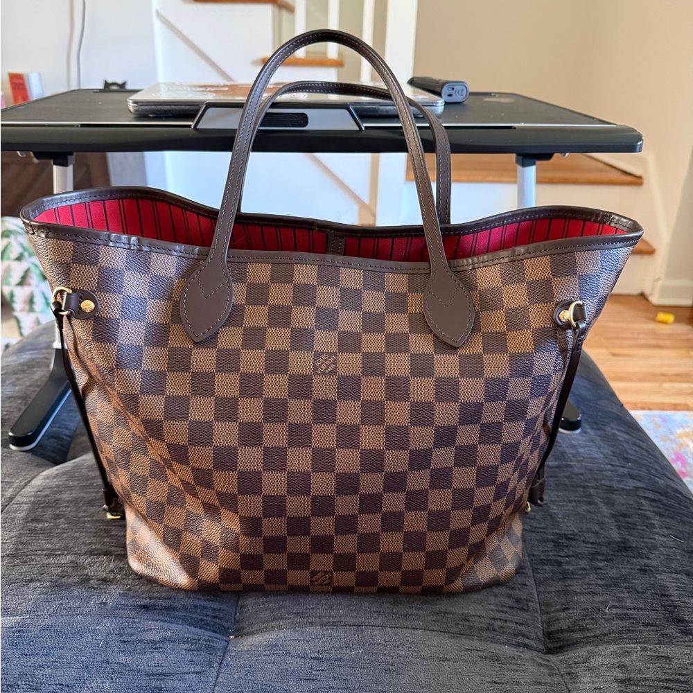 Louis Vuitton Brown Checkered Tote with Red Interior